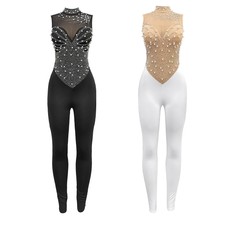Womens Bodysuit Show Rompers Meeting Jumpsuit Sheer Rhinestone Mesh Glittery