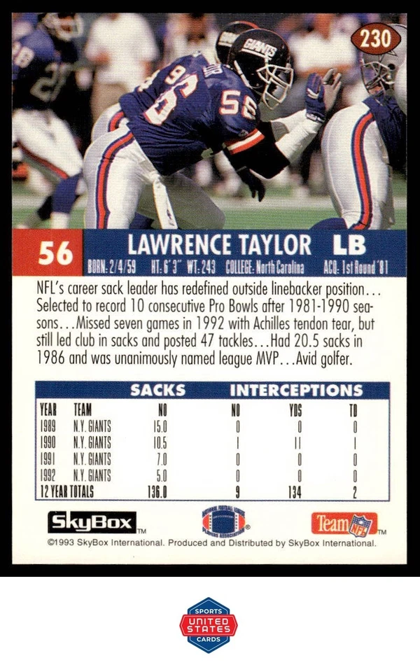1993 SkyBox Impact #230 Lawrence Taylor Color Foils - Image 2 of 2