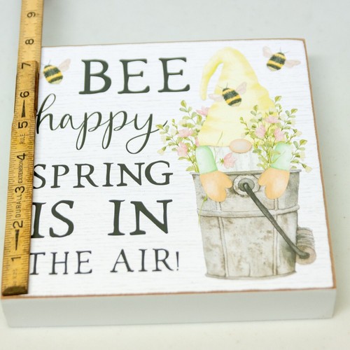 FARMHOUSE Sign Honey Bee & Gnome 8 x 8" Square Wall Hanging Spring Decoration - Picture 6 of 7