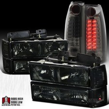 Fit 94-98 GMC Sierra Smoke Lens Headlights+Bumper Corner Lamps+LED Tail Lights