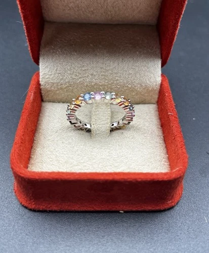 Confetti Multicolored Gemstone Band Size 8 Vintage Sterling Silver