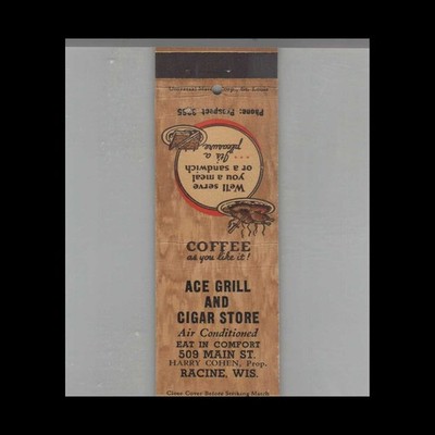Matchbook Cover Ace Grill & Cigar Store Racine WI