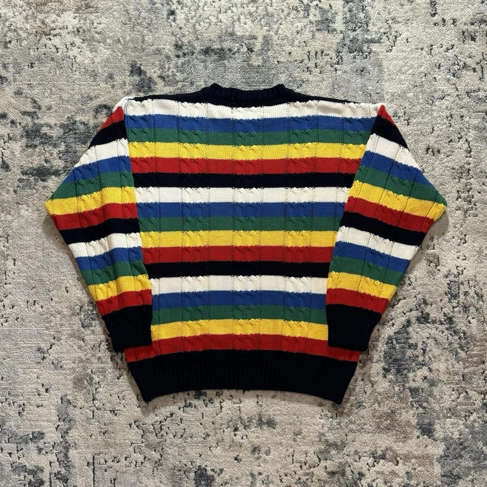 Vintage Look & Report Knit Sweater Large Striped Multicolor Heavy Cable Crewneck - Image 2 of 3