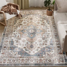 5x7 Area Rug, Vintage Machine Washable Rug for Bedroom, Brown and Blue