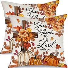 18x18 Inch Set of 2 Hello Fall Pillow Covers, Pumpkin Cross Floral Throw Pillow