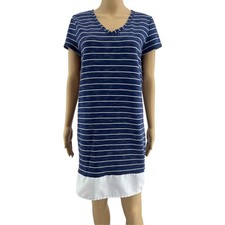 Merona LARGE Blue White Striped Short Sleeve Column Shift T-Shirt Mini Dress