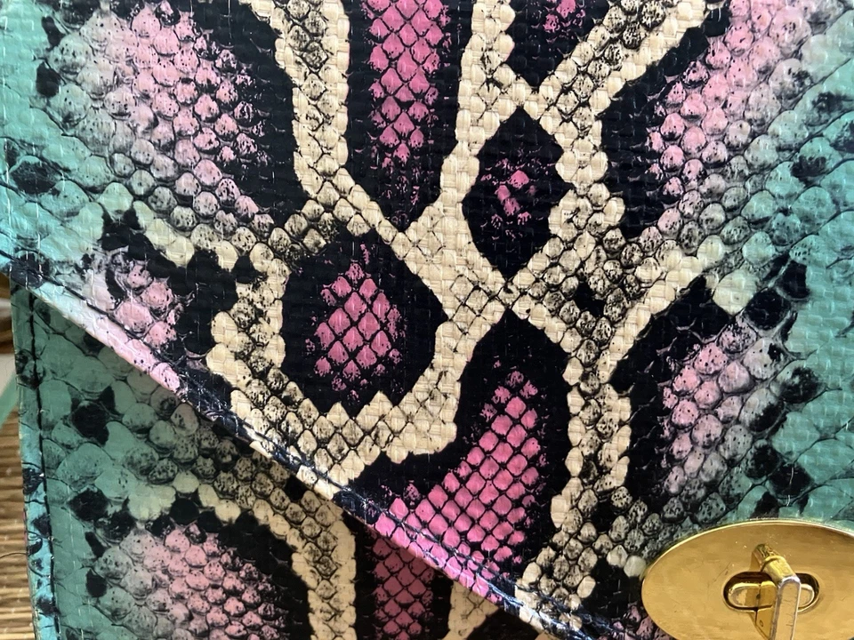 H&M Python Snake Skin-like CLUTCH Envelope, Turn-Lock Closure, Turquoise & Pink - Image 4 of 4