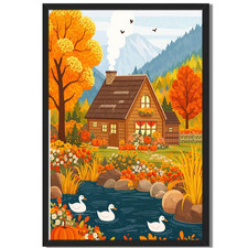 "Cozy Autumn Scene Framed Art Print with Cabin