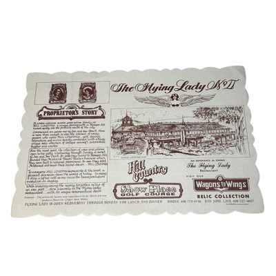Vintage 1978 San Jose, CA The Flying Lady No II Paper Placemat 70s Restaurant