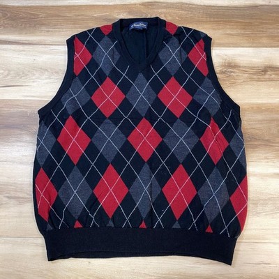 Brooks Brothers Sweater Vest Mens L Argyle Merino Wool Black Red Gray Ivy Prep