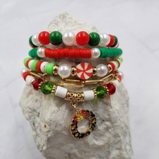 5-Piece Christmas Holiday Beaded Stretch Bracelet Stack