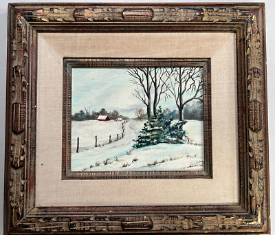 Lena Hipp Vtg Oil on Canvas Panel Painting Farm During Winter Framed 18x16''