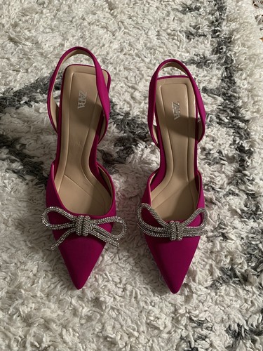 Women’s Zara Pink Slingback Heel Satin Effect Rhinestone Bow Shoes EU 37 US 6.5 - Picture 2 of 10