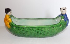 RARE VINTAGE JAPAN POTTERY/CERAMIC ASIAN BOY & GIRL GREEN CANOE HANGING PLANTER