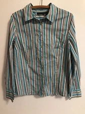 Attention Women's Blouse Button Down Collar Striped Blue Brown White Size XL