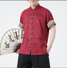 Mens Youth Fashion Mandarin Collar Jacquard Short Sleeves Retro Ethnic Shirt