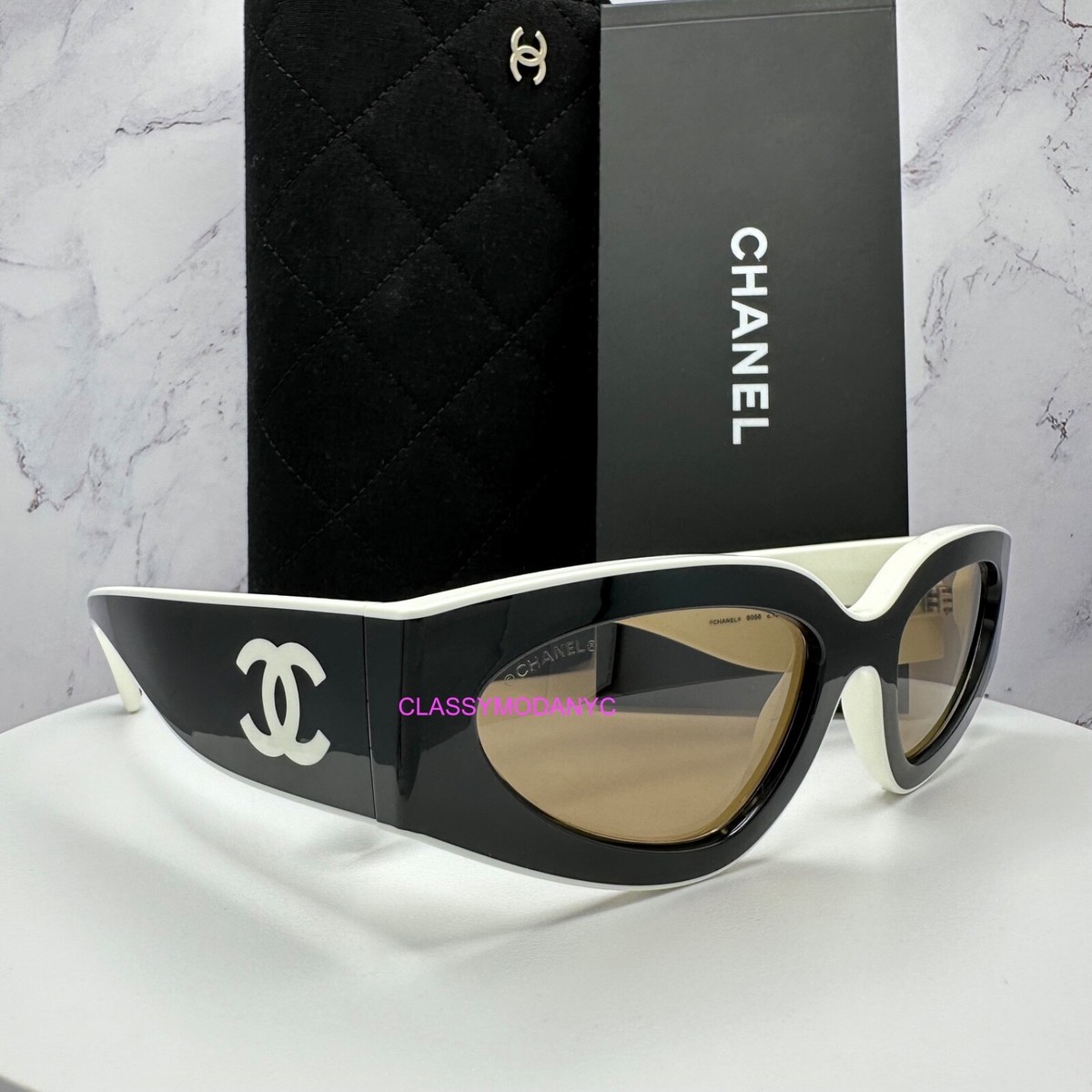 CHANEL 6056 1656/53 Runway Cat Eye 54mm Black White CC Logo