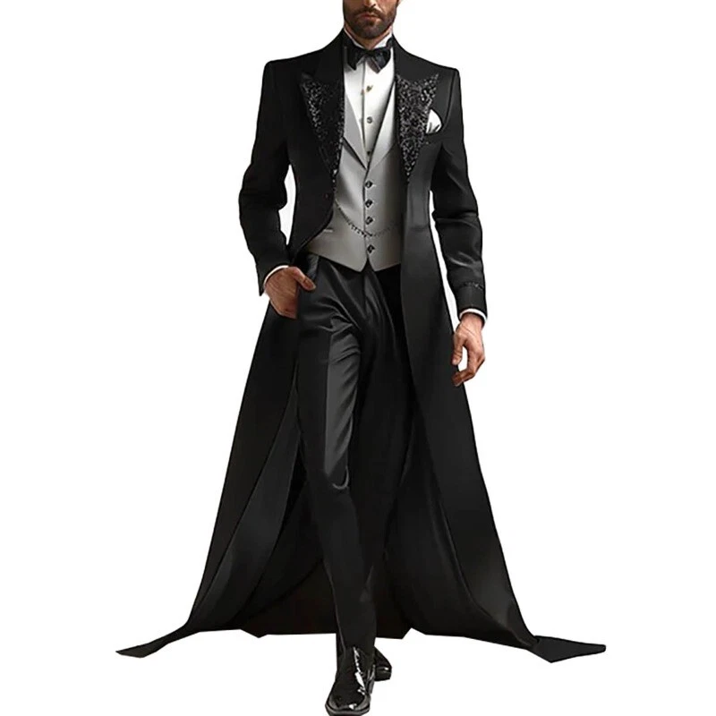 Men's Solid Suits 2 Pieces Slim Fit Jacket Pant Long Wraps for Wedding Party - Image 4 of 4