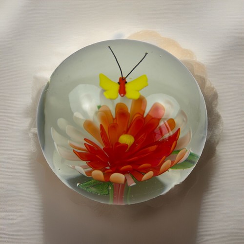 Vintage Art Glass Paperweight With Orange Flowers And Butterfly Unmarked 3 1/2”
