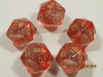 NEW RPG Dice Set of 5 D20 - Mysty Clear Red w/Gold Inking