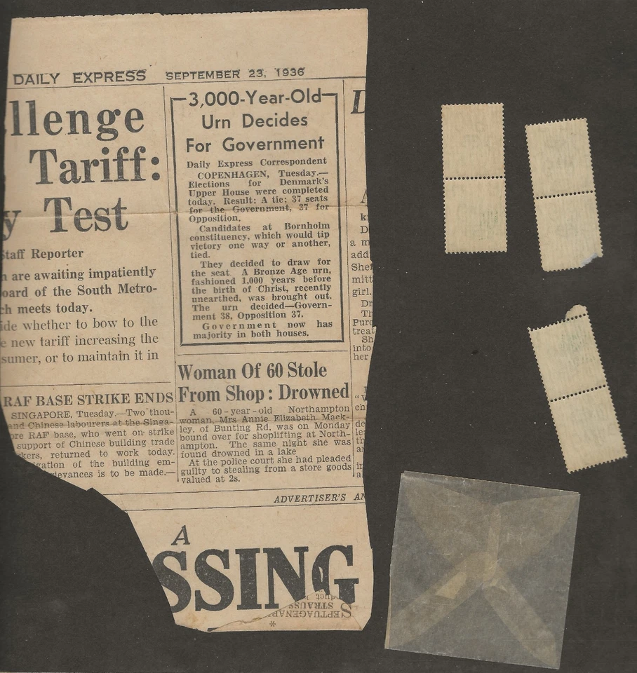 Gran Bretaña 1936 KGV 6 estampillas de huevos escalfados con artículo Daily Express Foto 3 de 4