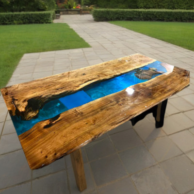 Rectangle Natural Acacia Wooden Blue Epoxy Resin Office Conference Meeting Top