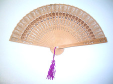 Vintage Chinese Sandalwood Fan Carved Burned Openwork with Tassel and Box
