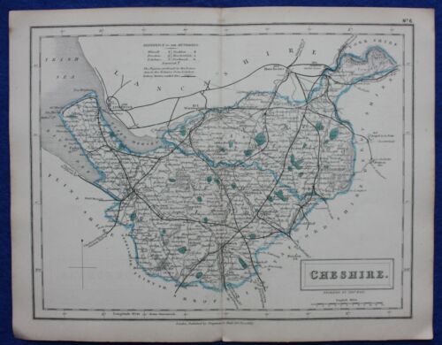 CHESHIRE, original antique map, RAILWAYS, Sidney Hall, c.1848