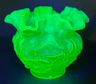 Vintage Fenton Green Opalescent Ruffled Vase Poppy Pattern Uranium Glows