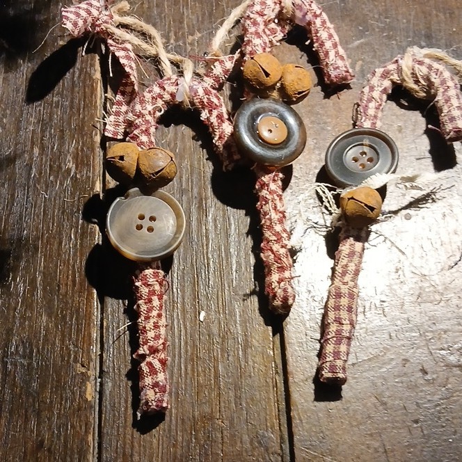 Handmade Rustic Plaid Candy Cane Ornaments with Bells & Buttons Set of 3