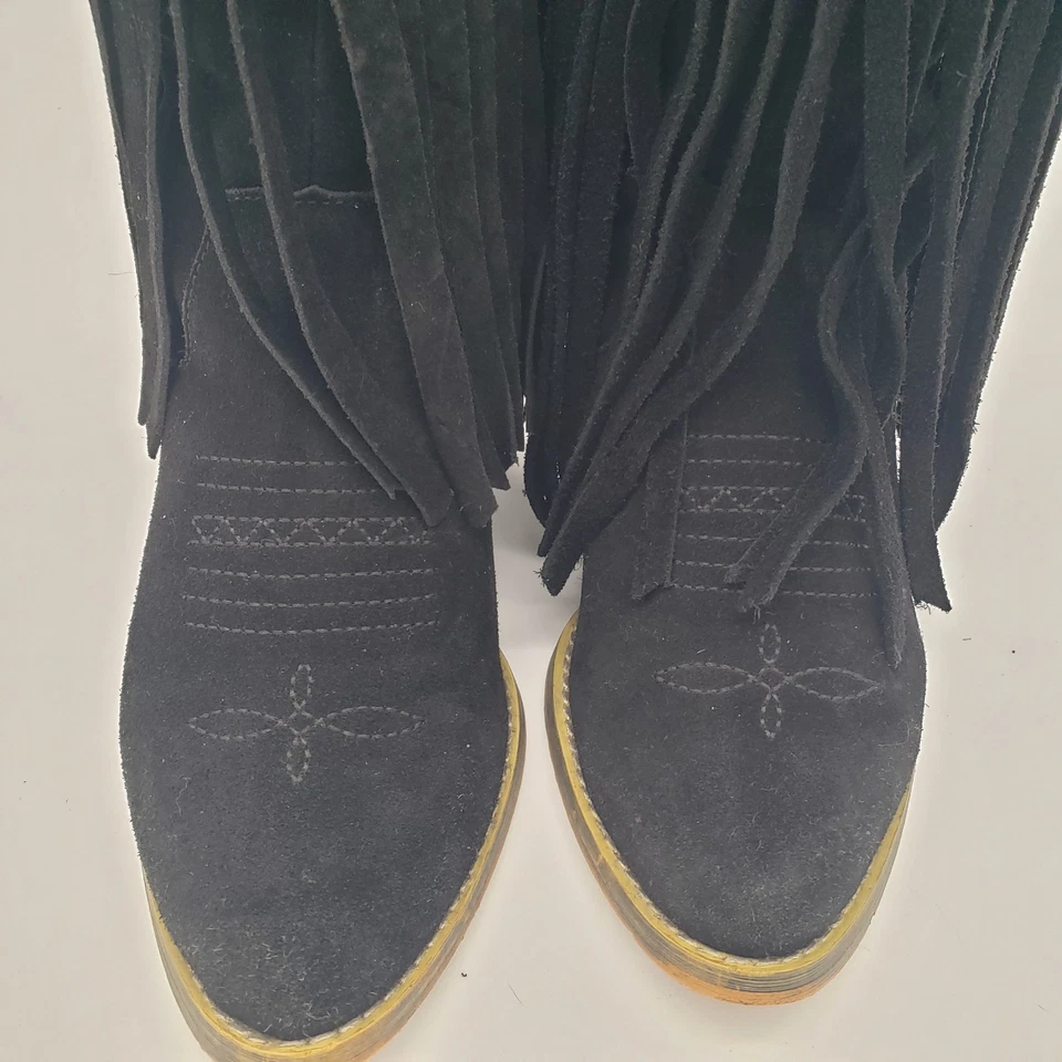 Botas vaqueras retro de gamuza negra con flecos en la ladera muy volátiles para mujer 7,5 Foto 2 de 4