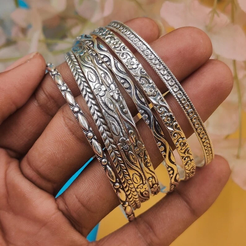 Hammered Set of 7 925 Sterling Silver Bangles for Women Stacking Bracelet RR12 - Image 3 of 4