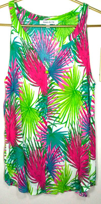 ROSE & OLIVE Top M Bright Tropical Palm Leaf Hot Pink Green Gauze V Sleeveless
