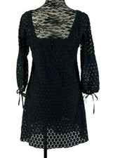 Black Lace Long Sleeve Scalloped Hem Semi Sheer Cocktail Dress By Sataire