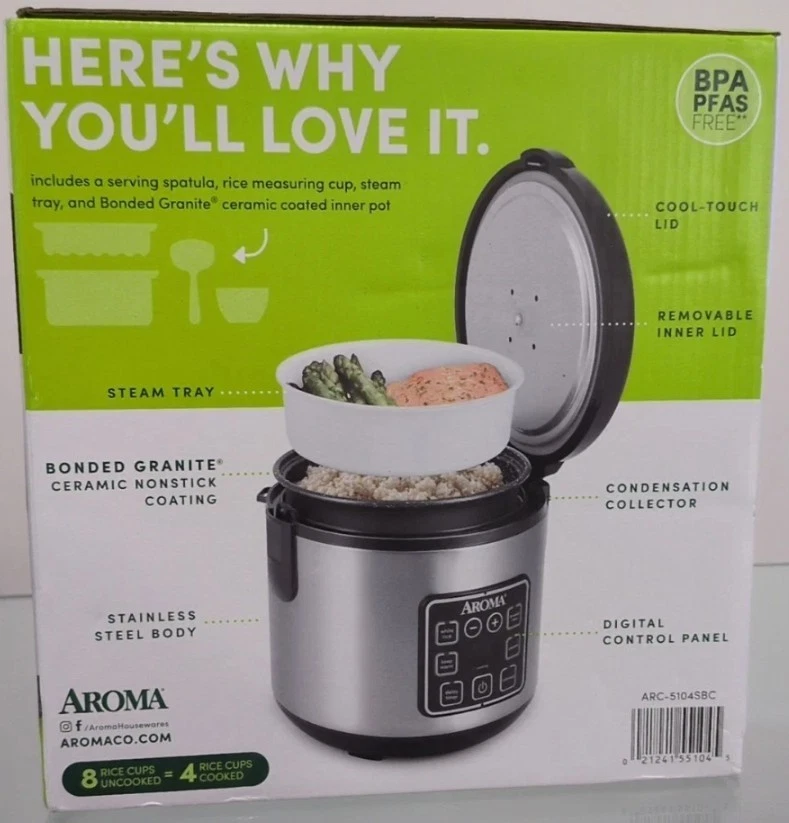 Aroma 8-Cup Digital Rice Cooker & Food Steamer – Stainless Steel​ New