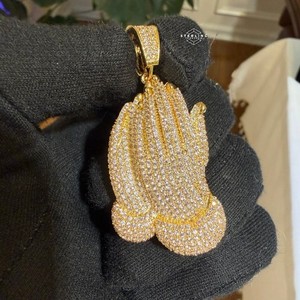 Authentic 14k Gold Plated Iced Prayer Hands Pendant Religious Bling + AntiTarnish Rope Ch