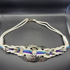 Vintage 1980s Nylon Twisted Rope Cord Teal Purple White Hammered Metal Belt S/M