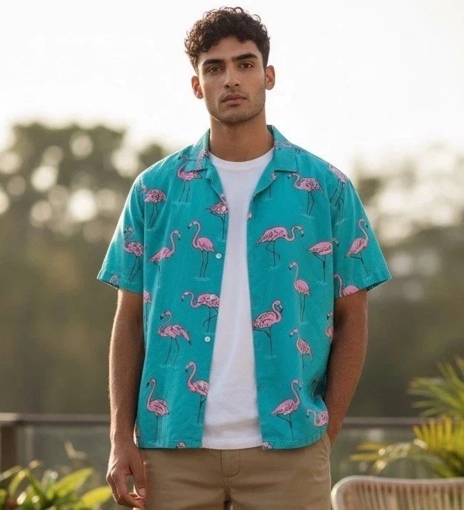 Chubbies Collared Shirt Men's Extra Large XL Teal+Pink Flamingo Linen Blend