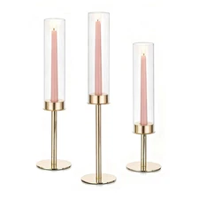 Hurricane Gold Candle Holders: Set of 3 Brass Candlestick Holders for Taper C...