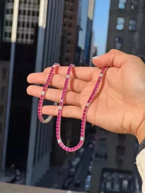 Wedding Tennis Necklace 14K White Gold Plated 18" 3MM Round Lab Created Red Ruby - Image 3 of 4