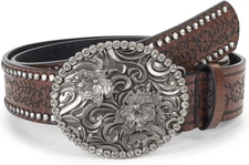 Womens-Rhinestone-Studded Western-Cowboy-Cowgirl-Belt Flower-Buckle Waist-Belt