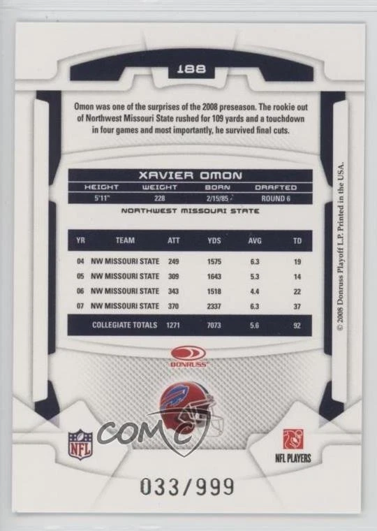 2008 Leaf Rookies & Stars Longevity Rookie /999 Xavier Omon #188 RC - Image 2 of 2