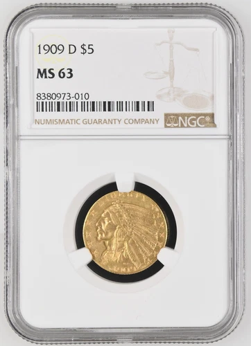 1909 D Gold Half Eagles $5 Indian Head NGC MS-63