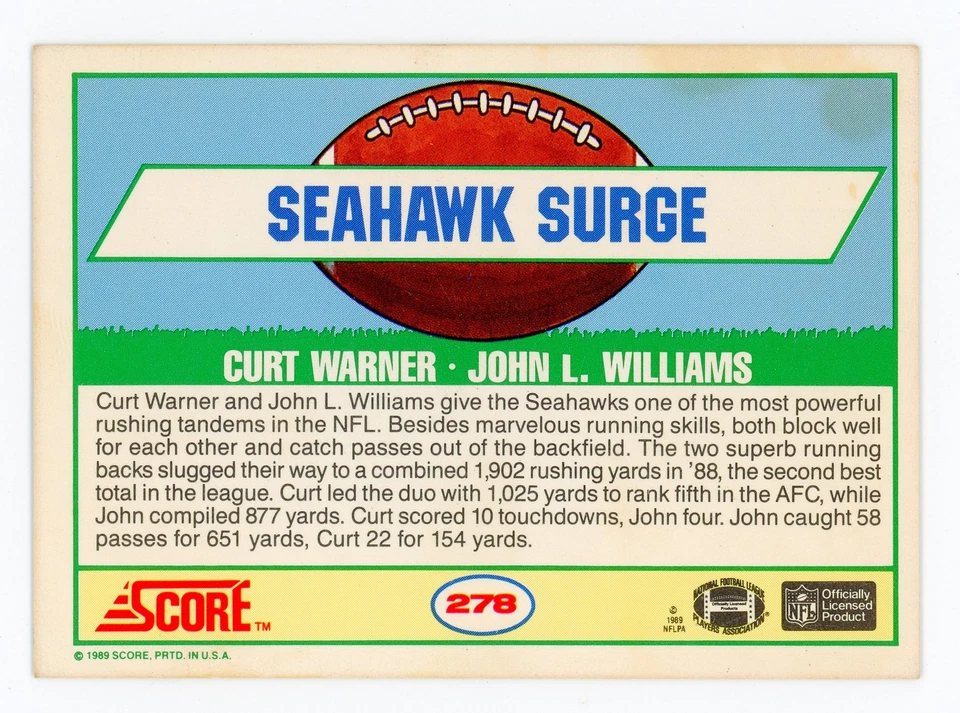 1989 Score Curt Warner & John L. Williams #278 Great Combos Seahawks RB Duo - Image 2 of 2