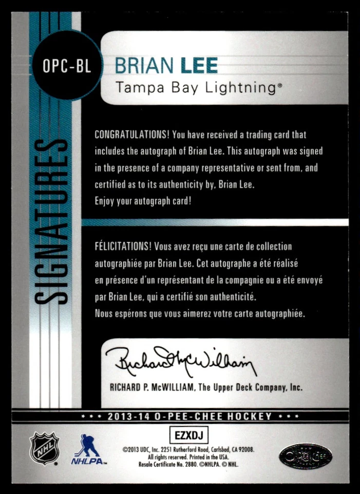 2013-14 O-Pee-Chee Signatures Brian Lee Auto Tampa Bay Lightning #OPC-BL - Image 2 of 2