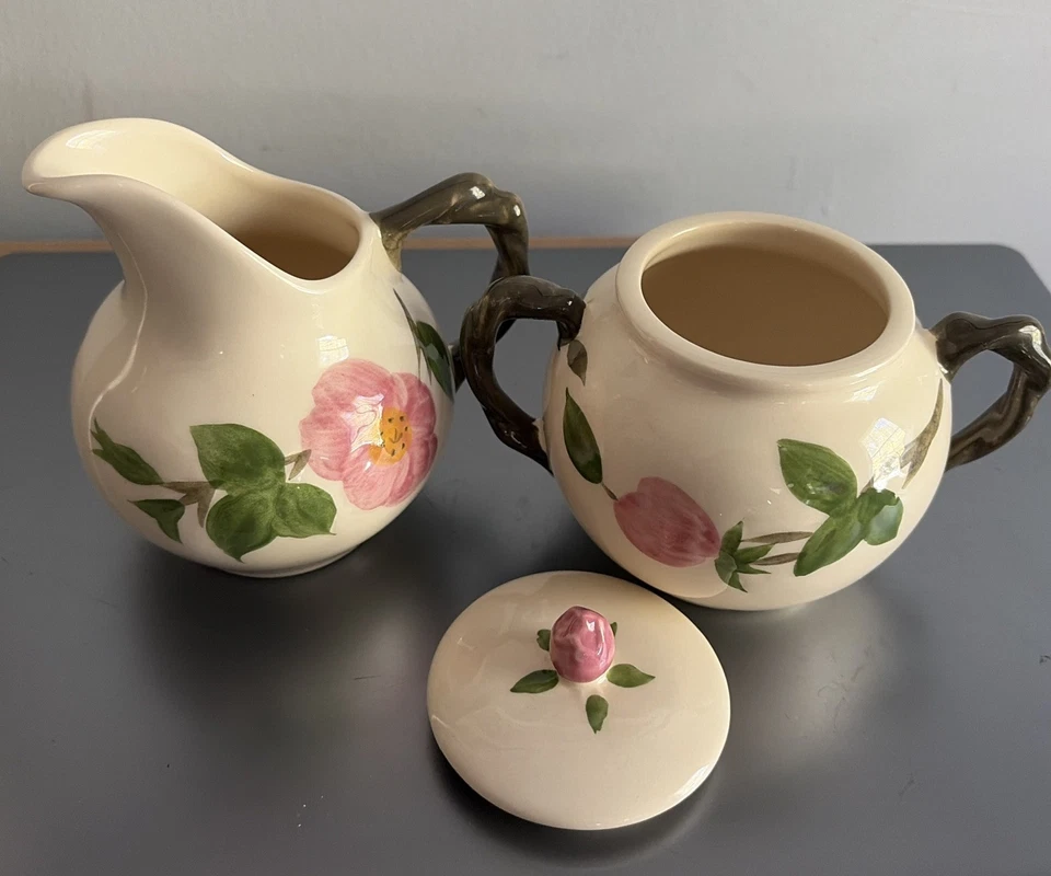 VINTAGE FRANCISCAN DESERT ROSE 3 piece SUGAR BOWL & CREAMER SET-England - Image 3 of 4