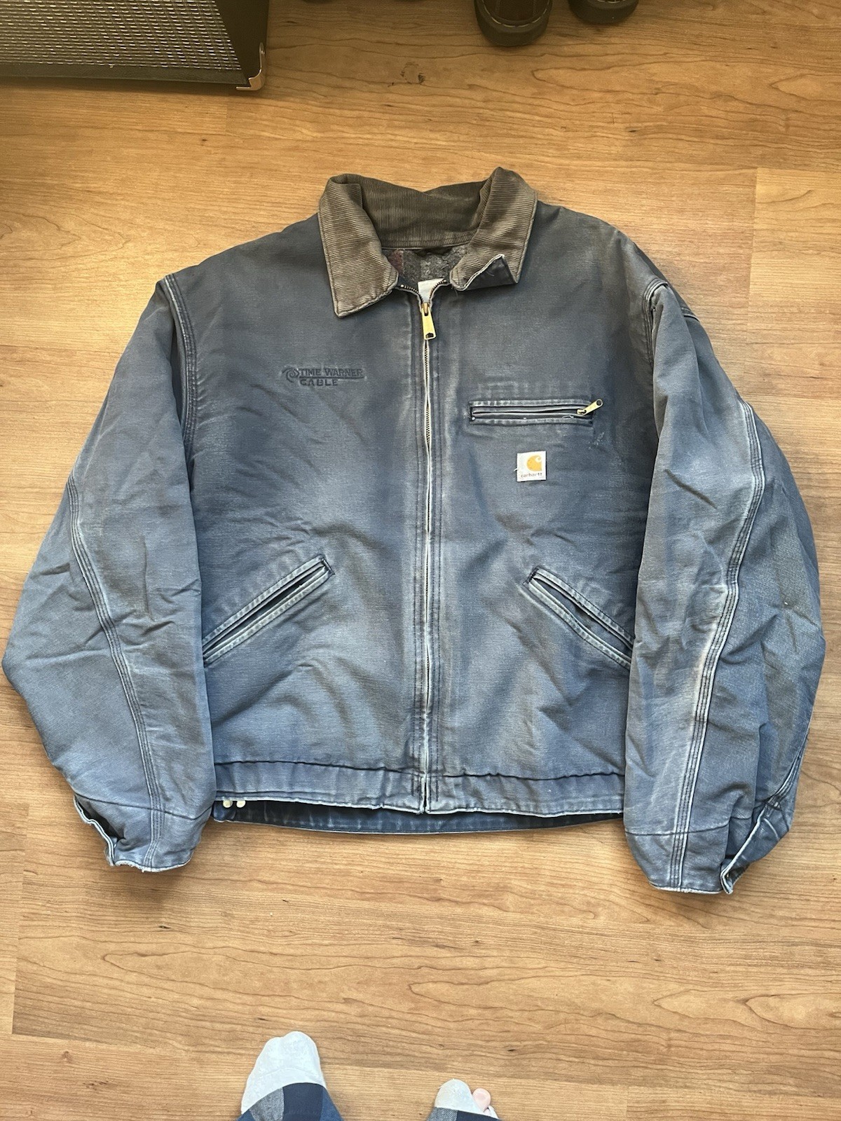 VTG Carhartt Detroit Jacket J01 NVY Blue Faded Corduroy Duck Canvas