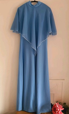 Vintage 1960 s Sky Blue Maxi Dress with Cape, UK Size 14 Floaty Romantic Elegant