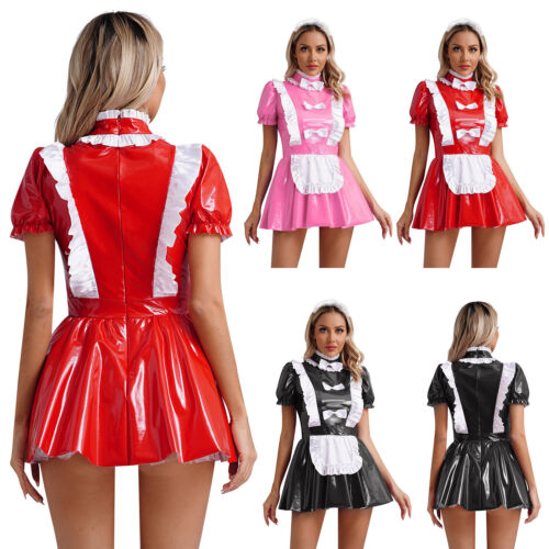 Women Nightwear Babydoll Dress Patent Leather Costume Anime Clubwear Wet Look - Picture 1 of 35
