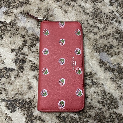 NWT Coach Slim Accordion Zip Clutch Long Wallet Cherry Print Pink